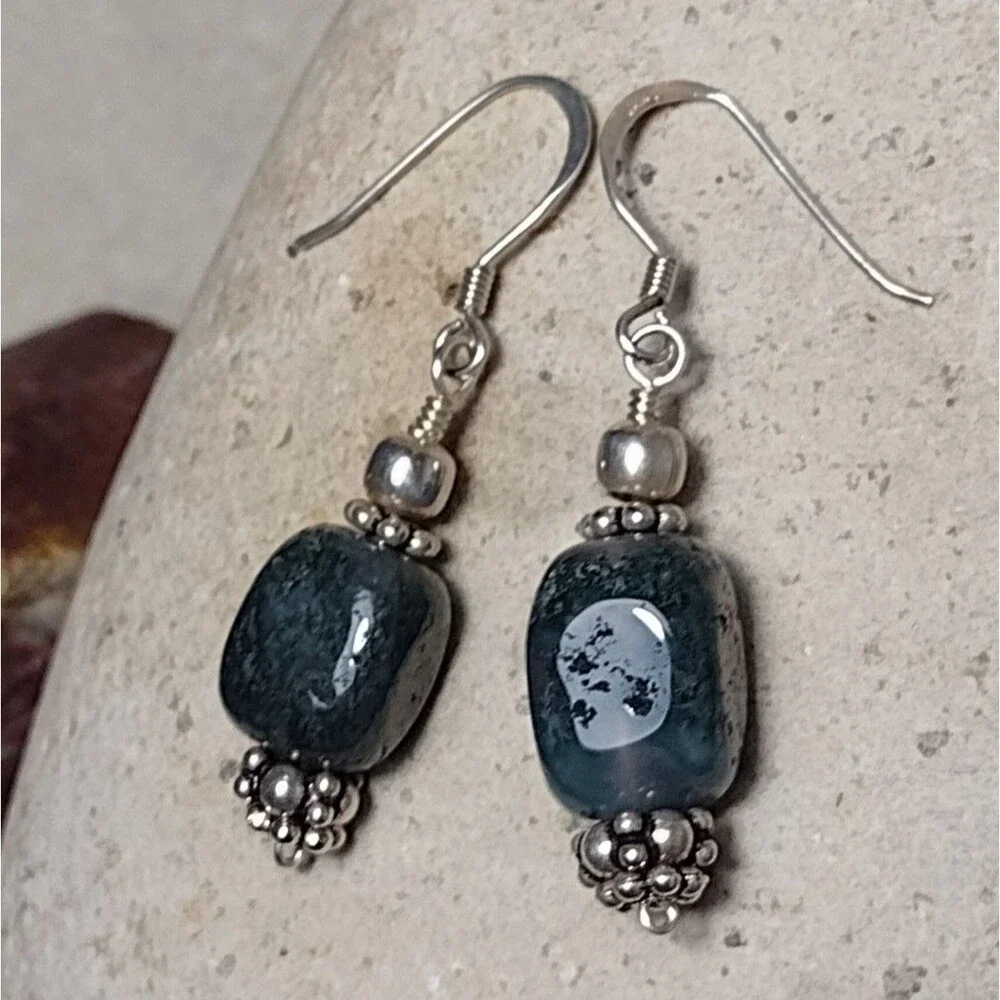 Sterling Silver 925 Reticulated Quartz Green Dangle Earrings